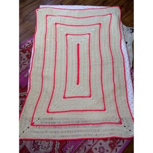 Handmade Beige Crochet Blanket Throw Neon Pink Trim Boho Cozy Accent